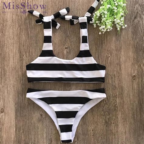 Misshow Black And White Stripe Bikini Set Solid Monokini Summer