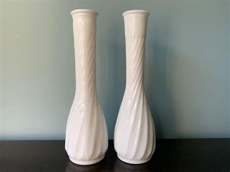 Pair Vintage White Milk Glass Bud Vase Twisted Swirl Diagonal Etsy