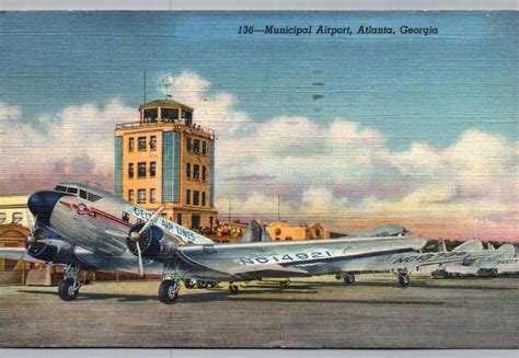 Atlanta Ga Postcard Municipal Airport Airplane Delta Tower Runway Plane