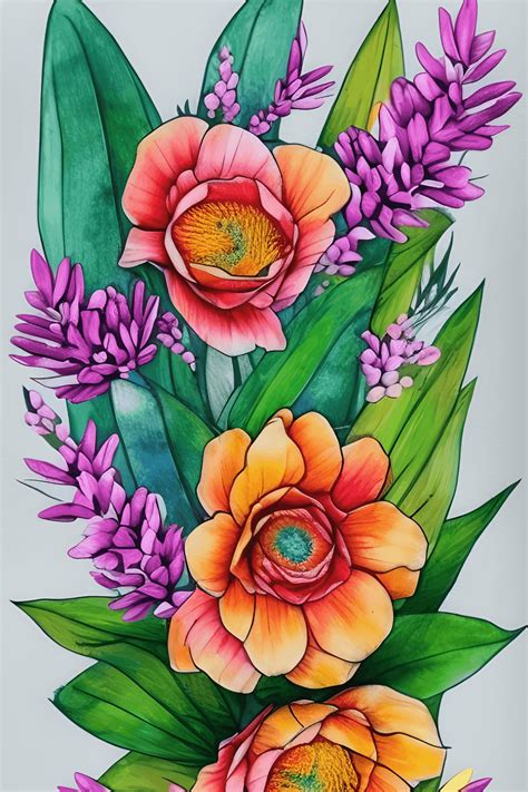 Beautiful Hand Drawing Flowers Leaves Waves Bouquet Realistic Colorful