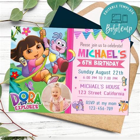 Dora The Explorer Birthday Invitation With Photo Customizable Bobotemp