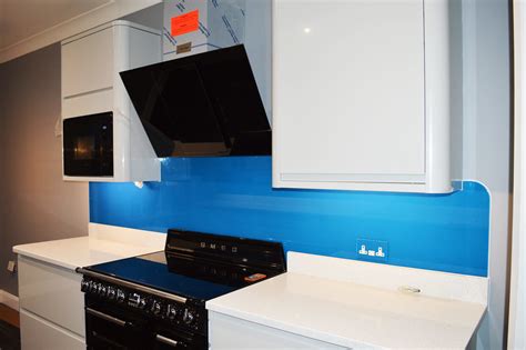 Blue Plain Colour Glass Splashback Modern Kitchen Hertfordshire