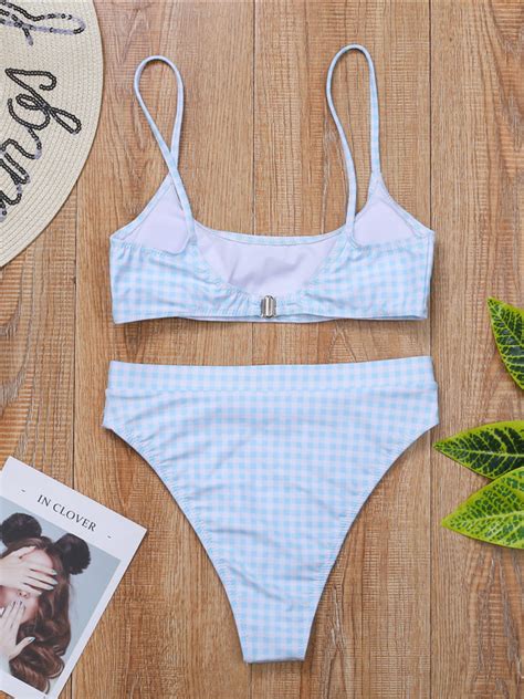 Wholesale Light Blue Plaid High Waist Bikini For Women LHM062454BU