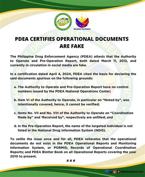 PDEA Pinatunayang Peke Ang Kumalat Na Operational Documents Na