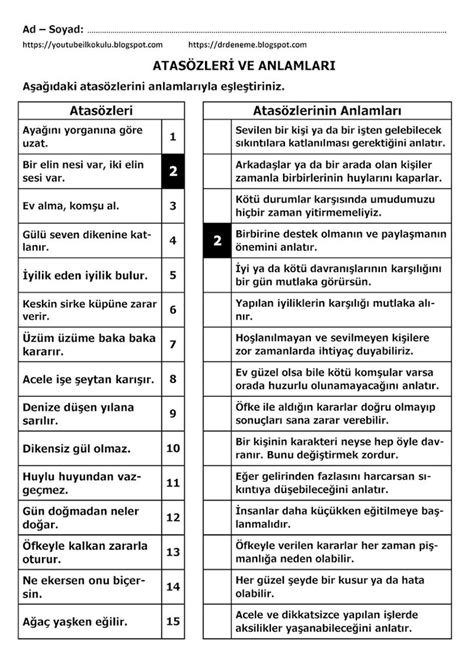 3 SINIF TÜRKÇE ATASÖZLERİ VE ANLAMLARI ETKİNLİĞİ 1