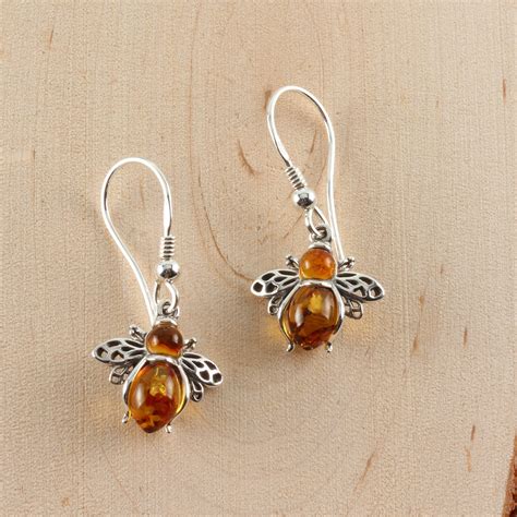 Sterling Silver Bee Drop Earrings Set With Baltic Amber