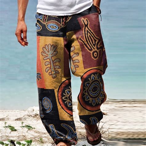 Mens Trousers Baggy Beach Pants Drawstring Elastic Waist Graphic