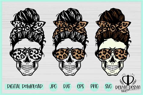 Leopard Mom Skull Svg Messy Bun Skull Layered Mom Skull