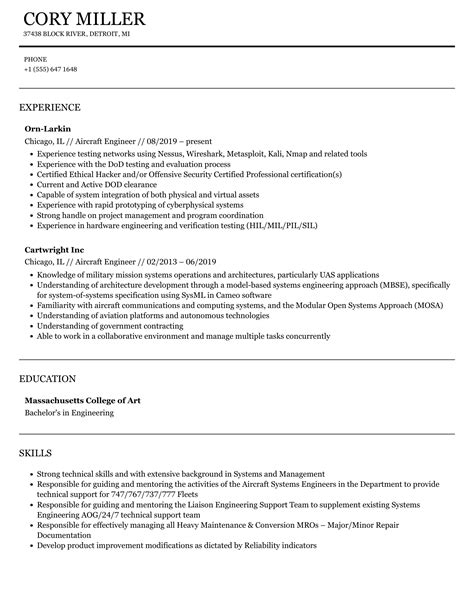 Aircraft Engineer Resume Samples | Velvet Jobs