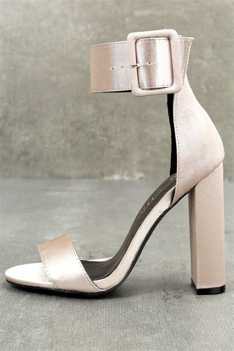 Elegant Taupe Satin Heels Block Heels Ankle Strap Heels