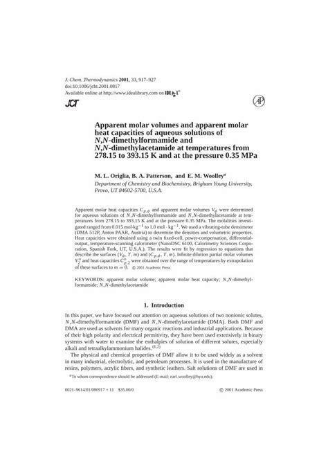 PDF Apparent Molar Volumes And Apparent Molar Heat Capacities Of