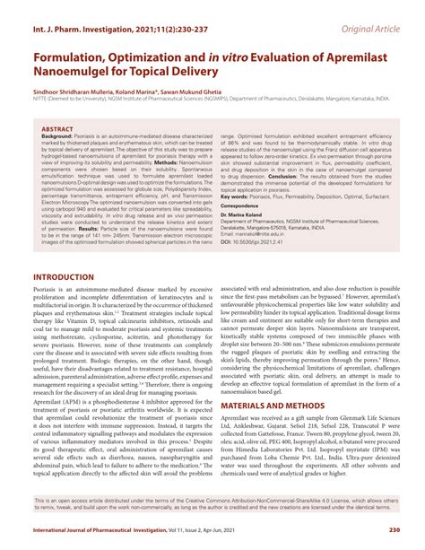 Pdf Formulation Optimization And In Vitro Evaluation Of Apremilast