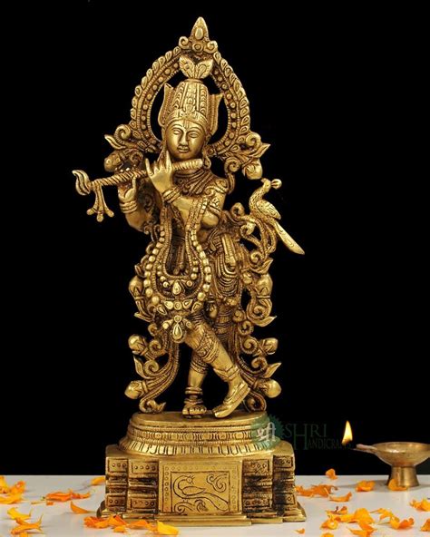 Golden Gold Plated Krishna Brass Status For Interior Decor Size 12