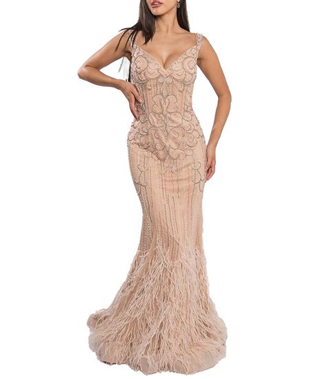 Terani Couture Beaded V Neck Sleeveless Feathered Mermaid Gown Dillards