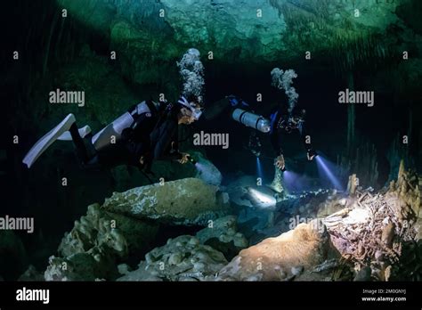 Cave Diver Instructor Leading A Group Of Divers In A Mexican Cenote