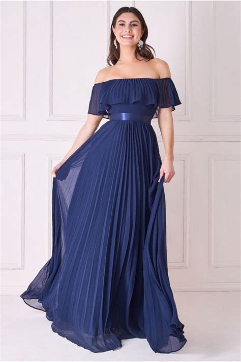 Goddiva Pleated Chiffon Off Shoulder Maxi Dress Navy Sale From Yumi Uk