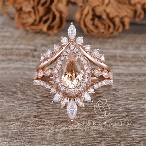 1ct Morganite Engagement Rings 3pcs Unique Stacking Boho Ring Vine