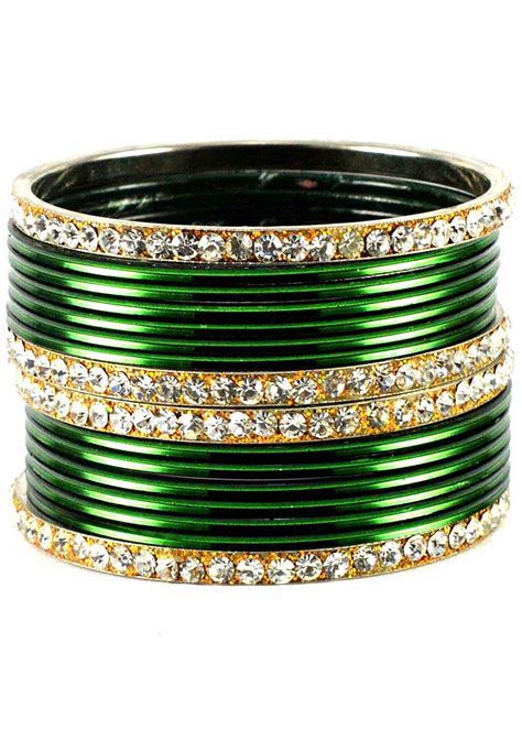 Green And Golden Stone Studded Bangle Set Bangle Set Glass Bangles