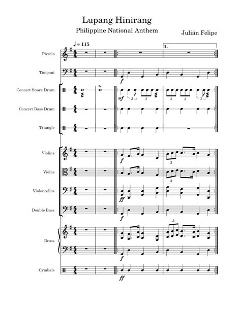 Lupang Hinirang Julian Felipe Sheet Music For Flute Piccolo Contrabass Timpani Snare Drum