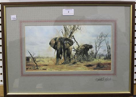 After David Shepherd - Elephants, colour print, signed in pencil to mount, approx 15.5cm x 29.5cm.