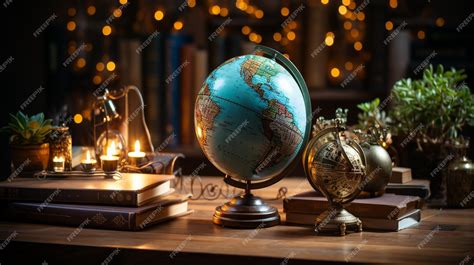 Premium Photo | Wooden Desk With Open Books And Globe For Background ...