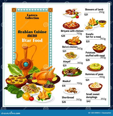 Arabian Cuisine Traditional Dishes Food Menu Stock Vector ...