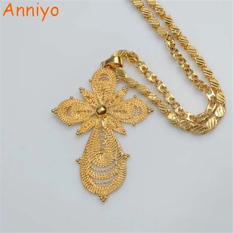 Anniyo Ethiopian Gold Color Big Cross Pendant Ethnic Necklaces For