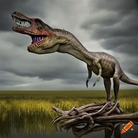 Detailed Art Of Two Baryonyx Dinosaurs In A Marshland With Storm Clouds