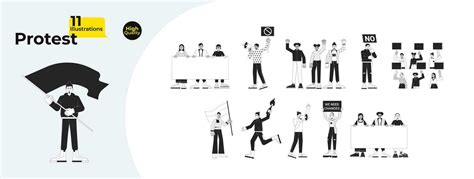 Protest demonstration black and white cartoon flat illustration bundle ...