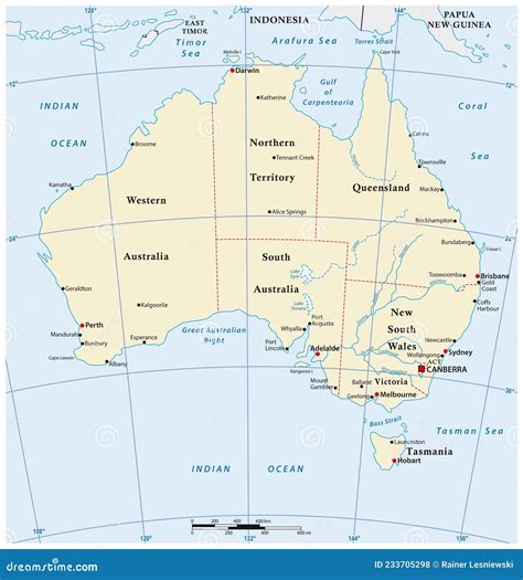 Mapa Vectorial Del Continente Australiano Con Las Principales Ciudades