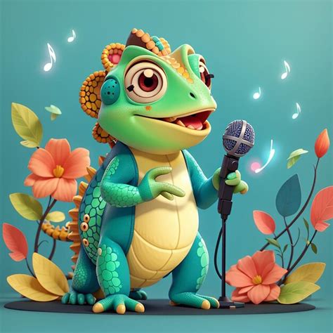 Cute chameleon singing with microphone cartoon vector icon illustration ...