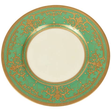 12 Elaborate Gilt Encrusted Antique Green and Gold Dinner Plates by Minton For Sale at 1stdibs