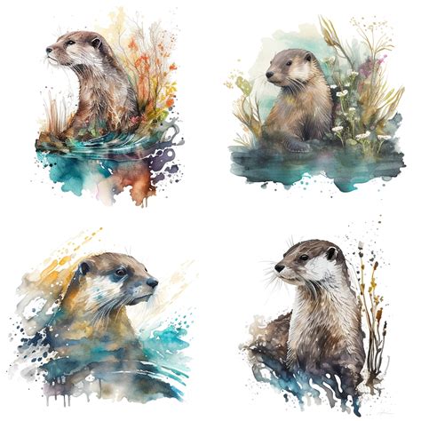 Cute Otter Watercolor Clipart Set Of Commercial Use Png Digital