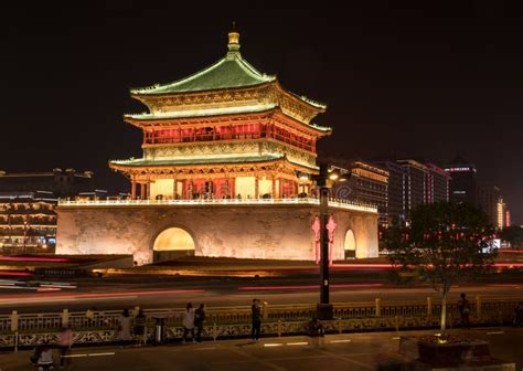 Illuminated Drum Tower In Xian China At Night Editorial Photography