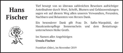 Traueranzeigen Von Hans Fischer M Rkische Onlinezeitung Trauerportal