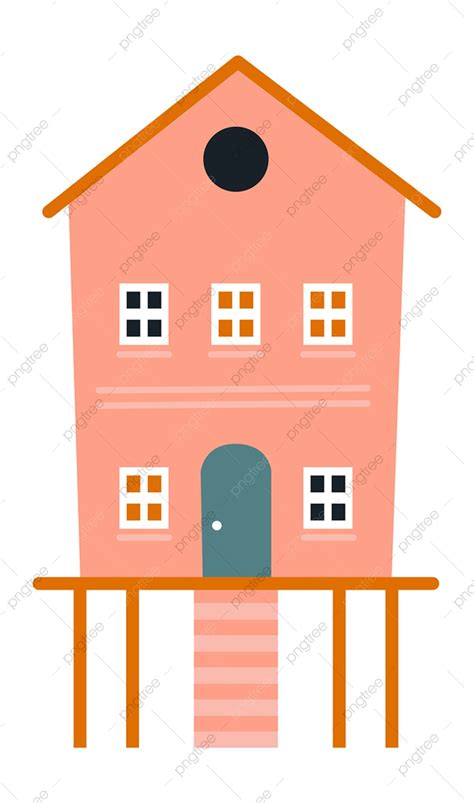 Cute Pink House With Stairs Village Drawn Simple Png And Vector With