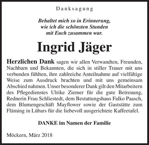 Traueranzeigen Von Ingrid J Ger Abschied Nehmen De