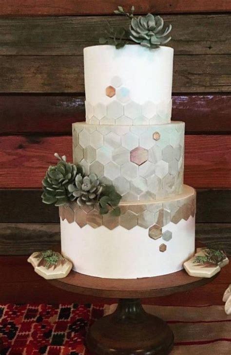 chic modern geometric wedding cake  marble hexagons  sugar