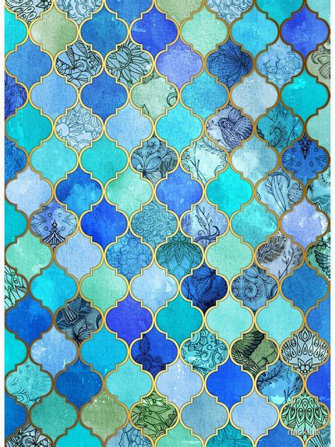 Cobalt Blue Aqua Gold Decorative Moroccan Tile Pattern Art Print