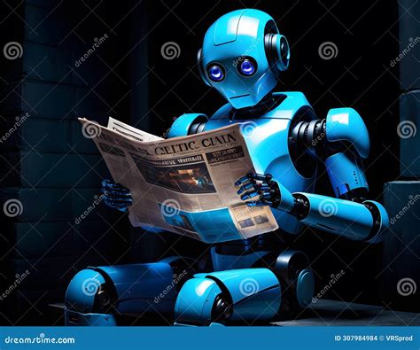 Electric Blue Robot Wearing A Helmet Reading A Publication In Darkness