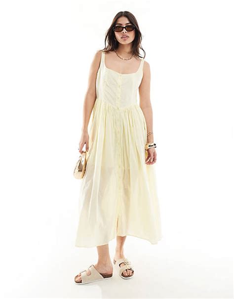 Asos Design Voile Picnic Midi Sundress In Lemon Asos