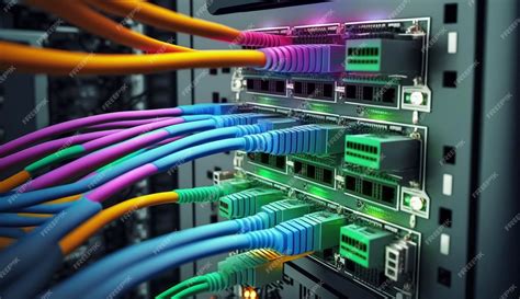 Сеть lan интернет-кабели, подключенные к сетевым коммутаторам сервер в ...
