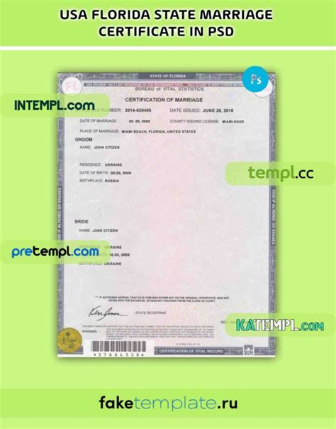 USA Florida state marriage certificate PSD download template