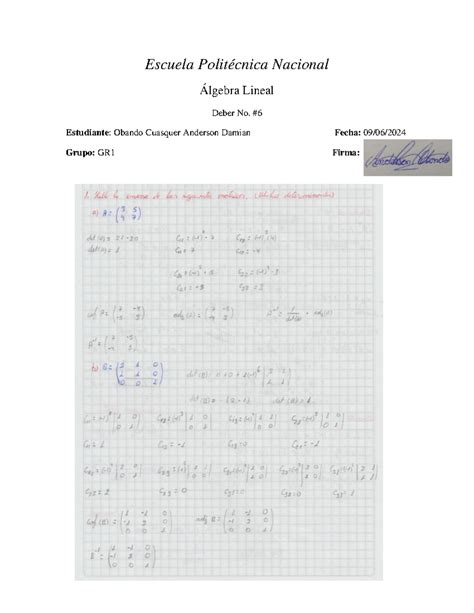 Algebra Lineal Deber Lgebra Lineal Escuela Polit Cnica Nacional