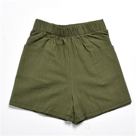 Poteti Cotton Linen Cargo Shorts For Women High Waisted Women Summer Shorts Army Green Solid