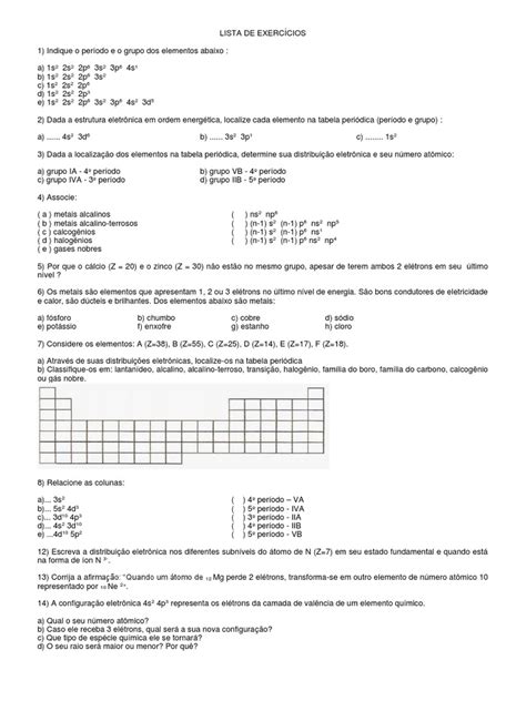 Lista De Exercícios Sobre A Classificação Periódica Dos Elementos