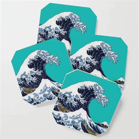 Hokusai“the Great Wave Off Kanagawa”green Cyan Background Coaster By Dohshin Society6