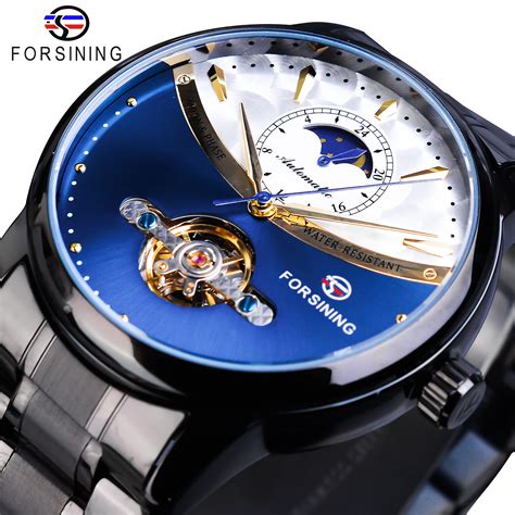 Forsining Automatic Watch Mens Blue Moon Phase Tourbillon Mechanical