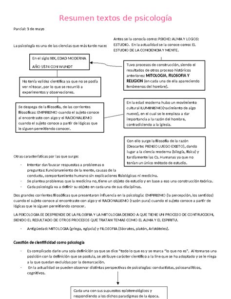 Resumen textos de psicología - Resumen textos de psicología Parcial: 3 de mayo La psicología es