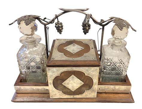 Lot Antique Double Decanter Tantalus Oak And Silver Plate Set